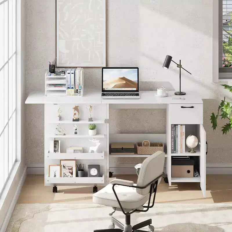 Folding Sewing Machine Cabinet with Wheels, Space-Saving Craft Table with Storage Shelves & Drawer, Rolling Organizer Desk for Bedroom, Small Spaces
