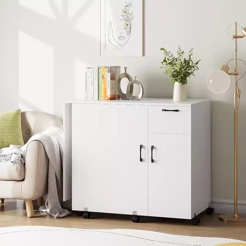 Folding Sewing Machine Cabinet with Wheels, Space-Saving Craft Table with Storage Shelves & Drawer, Rolling Organizer Desk for Bedroom, Small Spaces