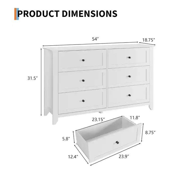 6 Drawer Dresser for Bedroom, Simply Modern Chest of Drawers, Wood Storage Large Dresser with Deep Drawers for Living Room, Hallway Entryway