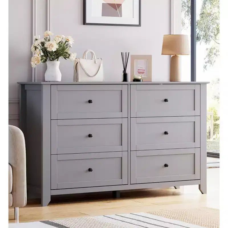 Commode à 6 tiroirs pour chambre à coucher, commode de rangement en bois de style moderne et simple, grande commode avec tiroirs profonds pour le salon, le couloir ou l'entrée