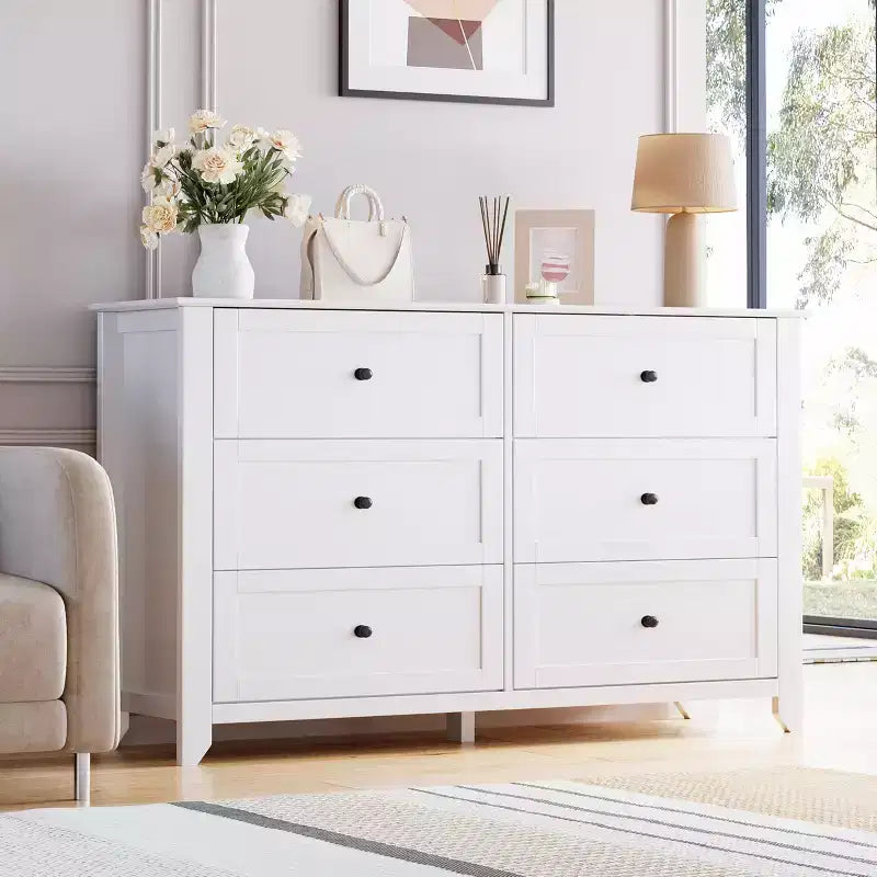 Commode à 6 tiroirs pour chambre à coucher, commode de rangement en bois de style moderne et simple, grande commode avec tiroirs profonds pour le salon, le couloir ou l'entrée