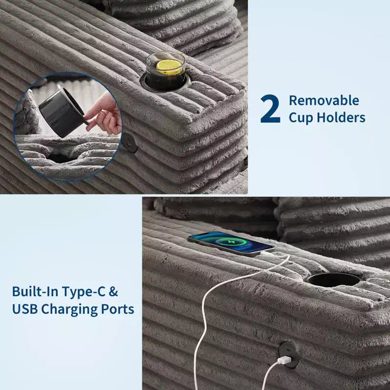 Oversized Chaise Lounge Chair Indoor, Comfy Corduroy Lounge Sofa with Charging Station, Cup Holders & Throw Pillows, Cozy Sleeper Couch