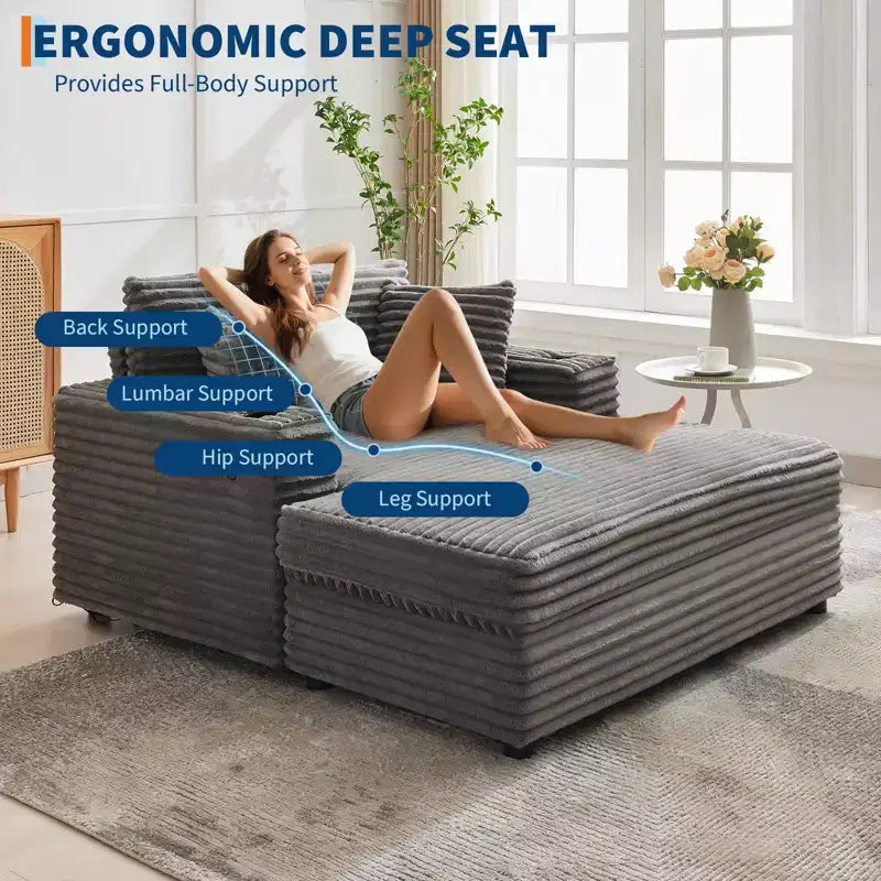 Oversized Chaise Lounge Chair Indoor, Comfy Corduroy Lounge Sofa with Charging Station, Cup Holders & Throw Pillows, Cozy Sleeper Couch