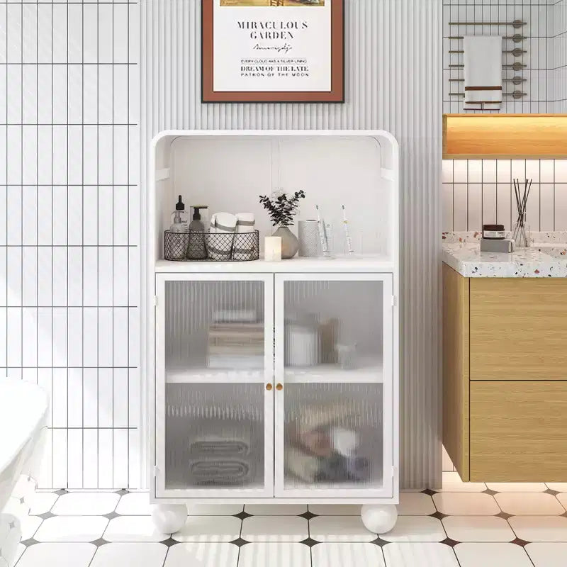 MAYEERTY 45.28H Storage Cabinet with Glass Doors and Shalves Display Storage Cabinet for Bathroom Living Room White