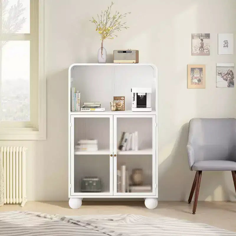 MAYEERTY 45.28H Storage Cabinet with Glass Doors and Shalves Display Storage Cabinet for Bathroom Living Room White