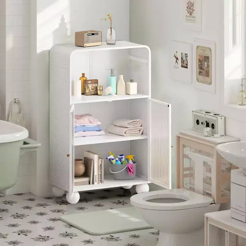 MAYEERTY 45.28H Storage Cabinet with Glass Doors and Shalves Display Storage Cabinet for Bathroom Living Room White