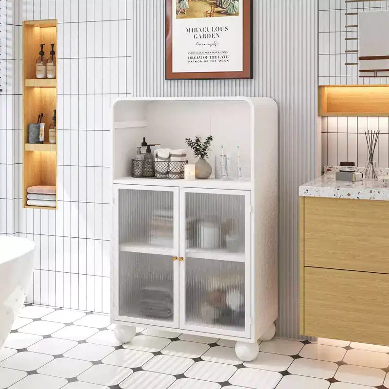 MAYEERTY 45.28H Storage Cabinet with Glass Doors and Shalves Display Storage Cabinet for Bathroom Living Room White