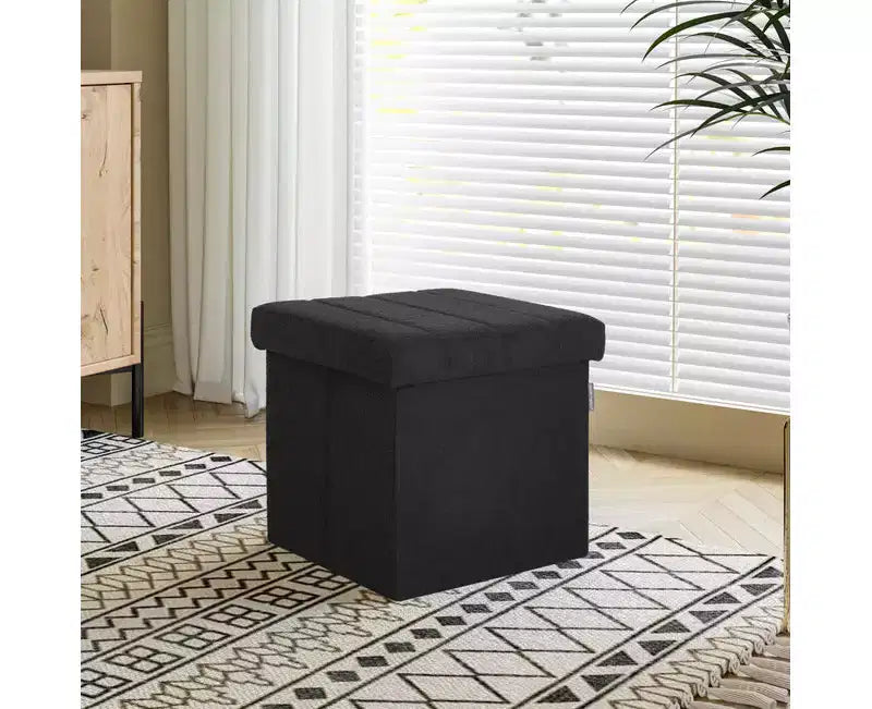 Seville Classics Black Boucle Channel Tufted Fabric Storage Ottoman