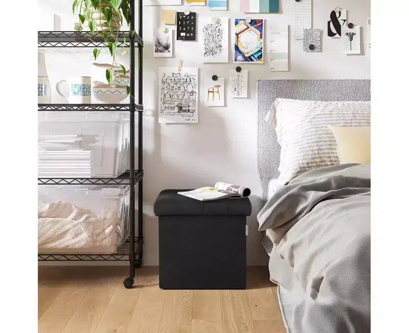Seville Classics Black Boucle Channel Tufted Fabric Storage Ottoman