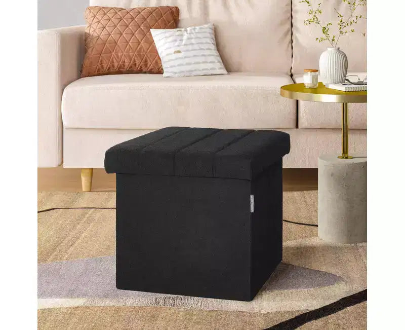 Seville Classics Black Boucle Channel Tufted Fabric Storage Ottoman