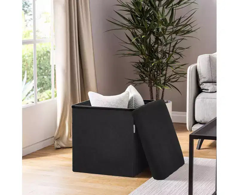 Seville Classics Black Boucle Channel Tufted Fabric Storage Ottoman