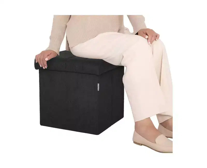 Seville Classics Black Boucle Channel Tufted Fabric Storage Ottoman
