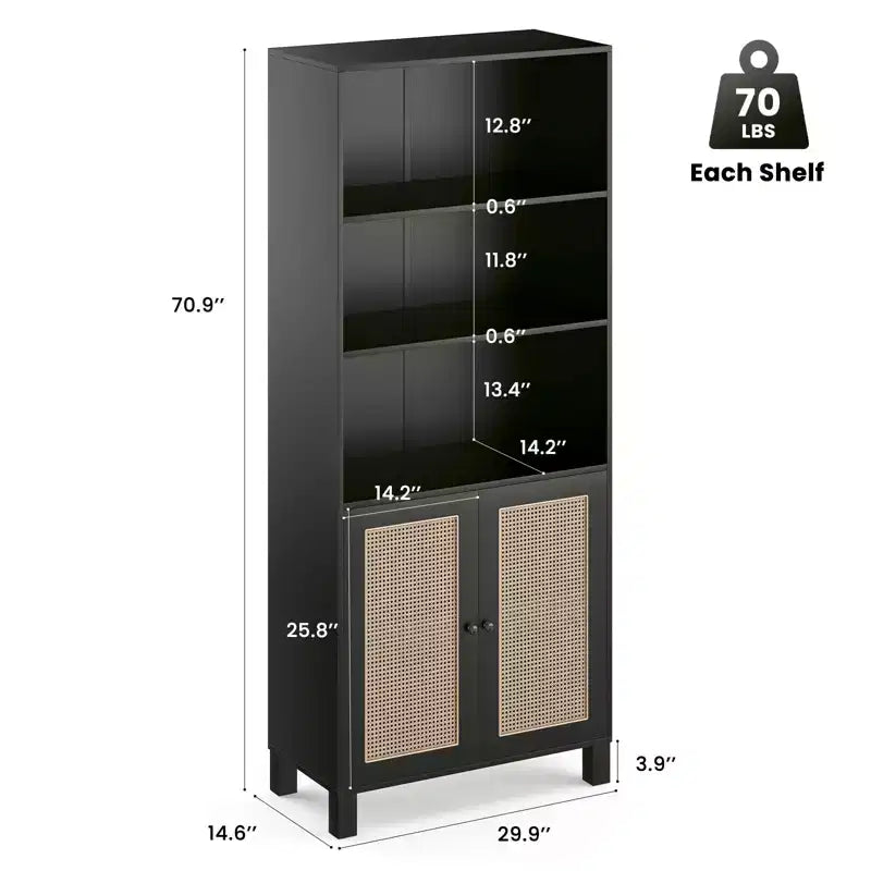 MAYEERTY Tall 5-Tier Bookcase with Rattan Doors, Wood Storage Shelves for Library Living Room Bedroom Home Office