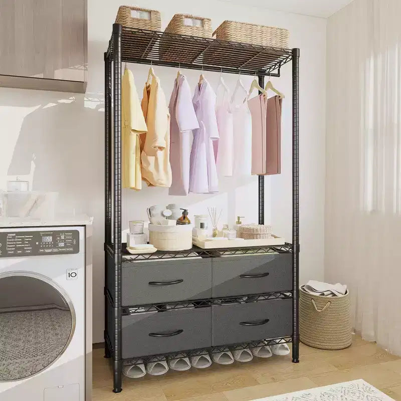 Freestanding Garment Rack with Adjustable Shelves and Four Fabric Drawers, Heavy Duty Clothing Organizer