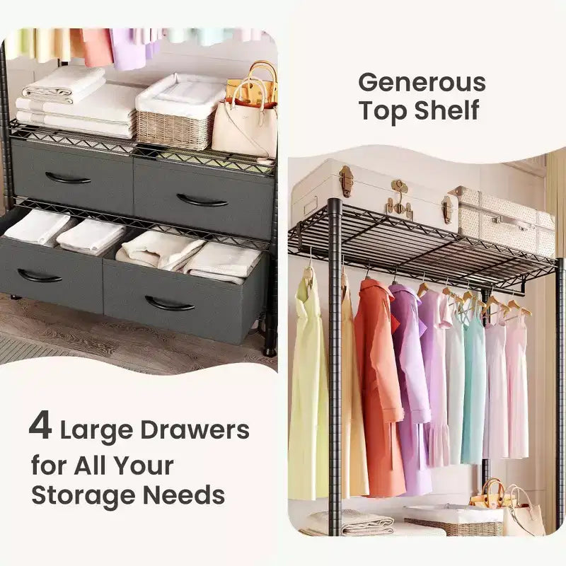 Freestanding Garment Rack with Adjustable Shelves and Four Fabric Drawers, Heavy Duty Clothing Organizer