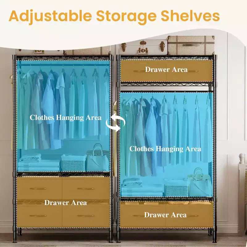 Freestanding Garment Rack with Adjustable Shelves and Four Fabric Drawers, Heavy Duty Clothing Organizer