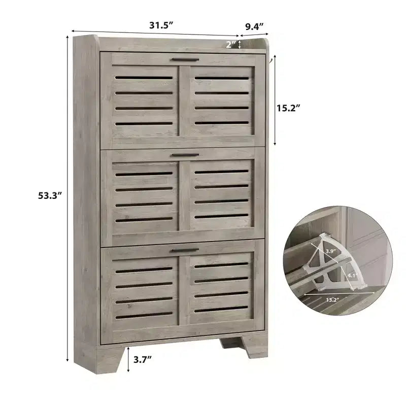 Slim 3-Drawer Shoe Cabinet with Ventilated Doors & Hooks - Space-Saving Entryway Storage Organizer