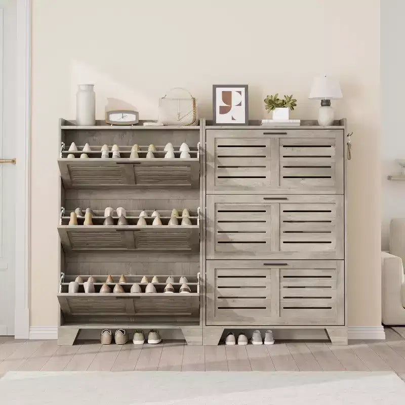 Slim 3-Drawer Shoe Cabinet with Ventilated Doors & Hooks - Space-Saving Entryway Storage Organizer