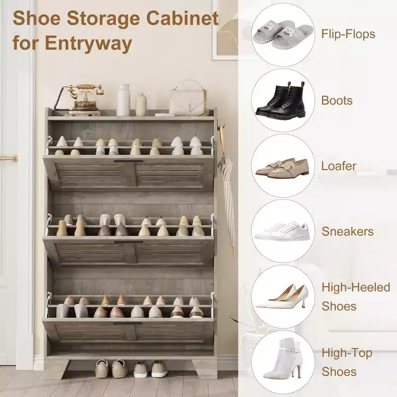 Slim 3-Drawer Shoe Cabinet with Ventilated Doors & Hooks - Space-Saving Entryway Storage Organizer