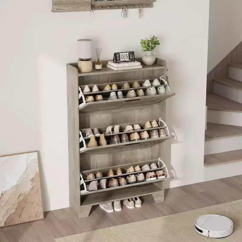 Slim 3-Drawer Shoe Cabinet with Ventilated Doors & Hooks - Space-Saving Entryway Storage Organizer
