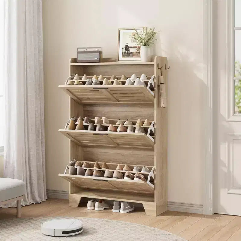 Slim 3-Drawer Shoe Cabinet with Ventilated Doors & Hooks - Space-Saving Entryway Storage Organizer