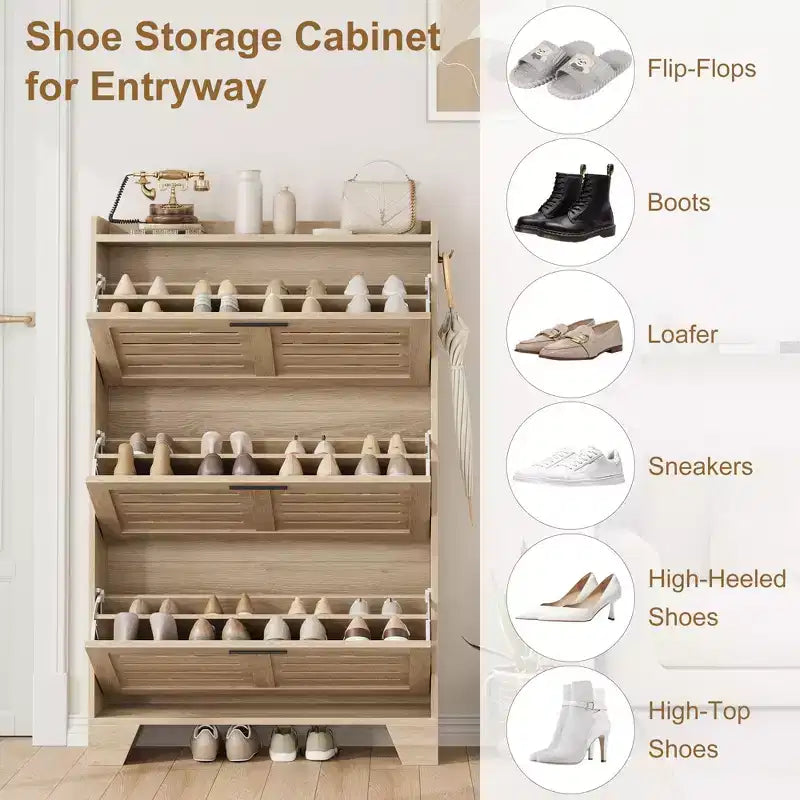 Slim 3-Drawer Shoe Cabinet with Ventilated Doors & Hooks - Space-Saving Entryway Storage Organizer