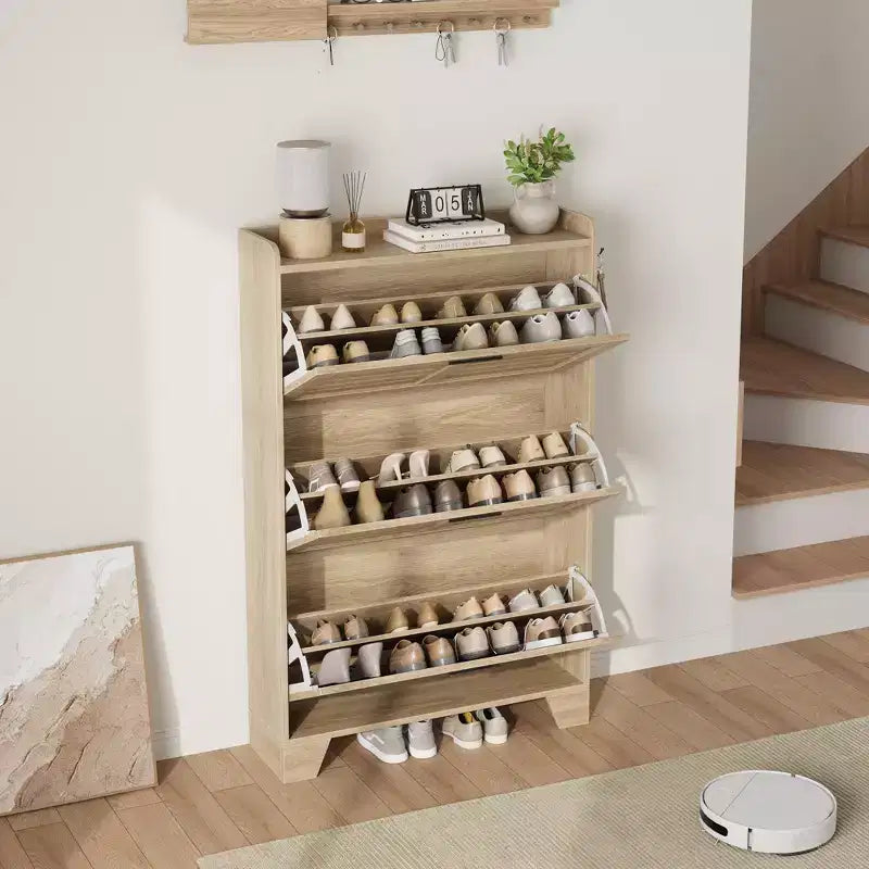 Slim 3-Drawer Shoe Cabinet with Ventilated Doors & Hooks - Space-Saving Entryway Storage Organizer