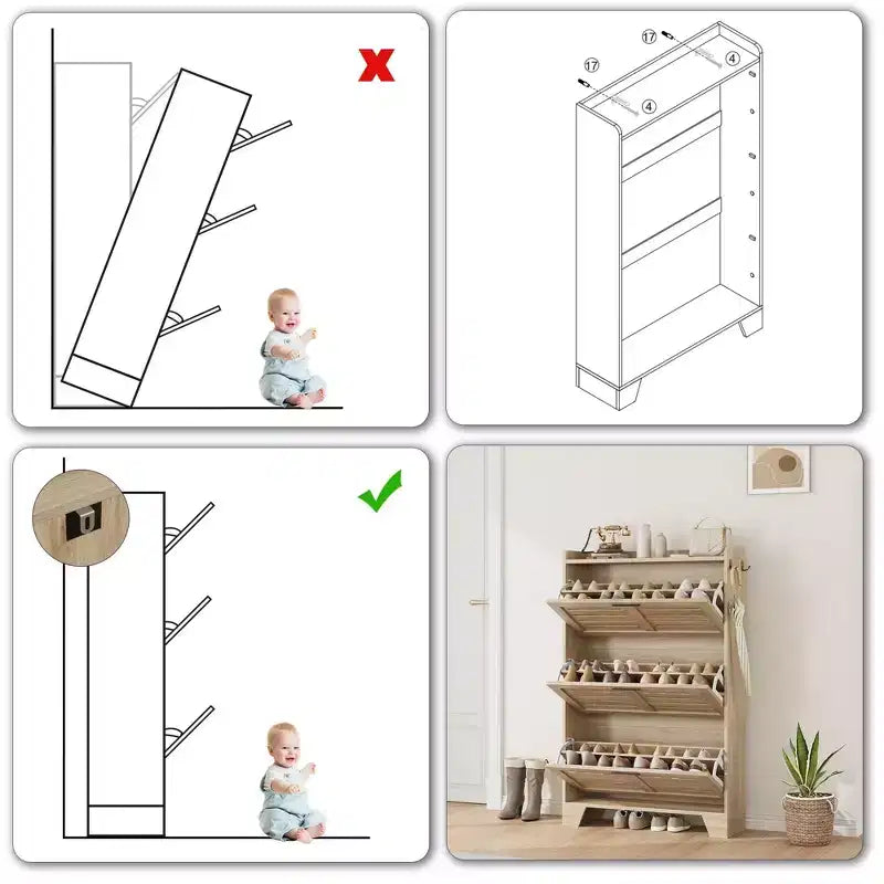 Slim 3-Drawer Shoe Cabinet with Ventilated Doors & Hooks - Space-Saving Entryway Storage Organizer