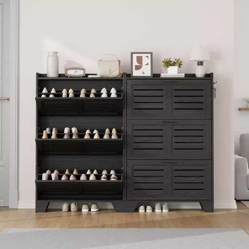 Slim 3-Drawer Shoe Cabinet with Ventilated Doors & Hooks - Space-Saving Entryway Storage Organizer