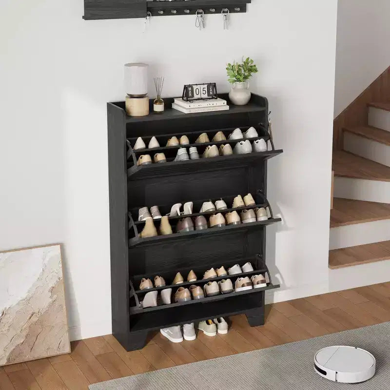 Slim 3-Drawer Shoe Cabinet with Ventilated Doors & Hooks - Space-Saving Entryway Storage Organizer