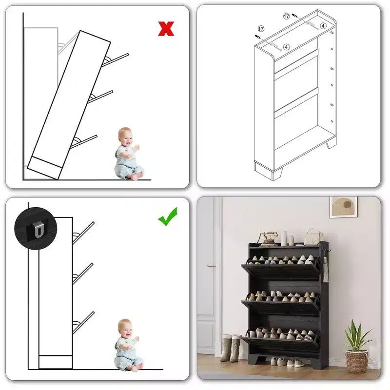 Slim 3-Drawer Shoe Cabinet with Ventilated Doors & Hooks - Space-Saving Entryway Storage Organizer