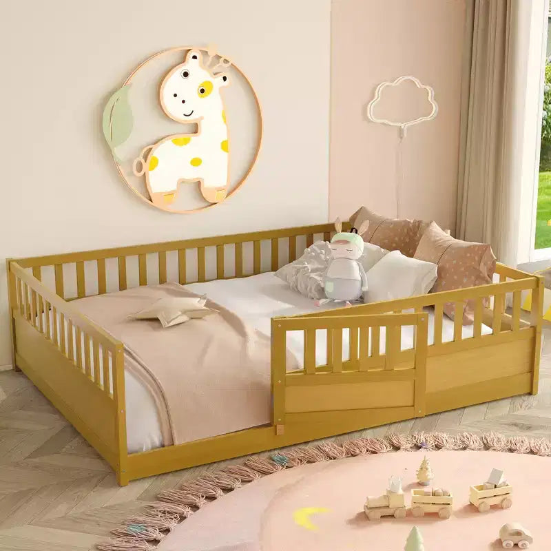 JVNOXK Children's Drop-Side Crib Frame, Full-Size One-Piece Construction with Extra-High Safety Rails and Door, Natural Wood Slatted Base