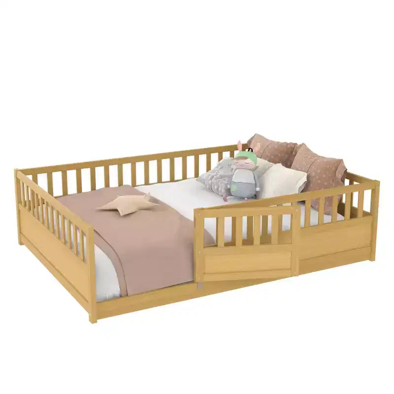 JVNOXK Children's Drop-Side Crib Frame, Full-Size One-Piece Construction with Extra-High Safety Rails and Door, Natural Wood Slatted Base