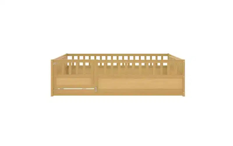 JVNOXK Children's Drop-Side Crib Frame, Full-Size One-Piece Construction with Extra-High Safety Rails and Door, Natural Wood Slatted Base