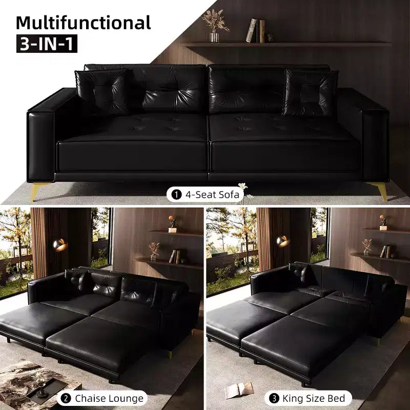 Whisen 92.1King Size Pull Out Sleeper Sofa Bed, 3-In-1 Faux Leather Convertible Sofa Couch with 2 Pillows