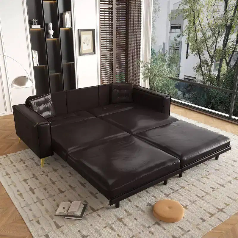 Whisen 92.1King Size Pull Out Sleeper Sofa Bed, 3-In-1 Faux Leather Convertible Sofa Couch with 2 Pillows