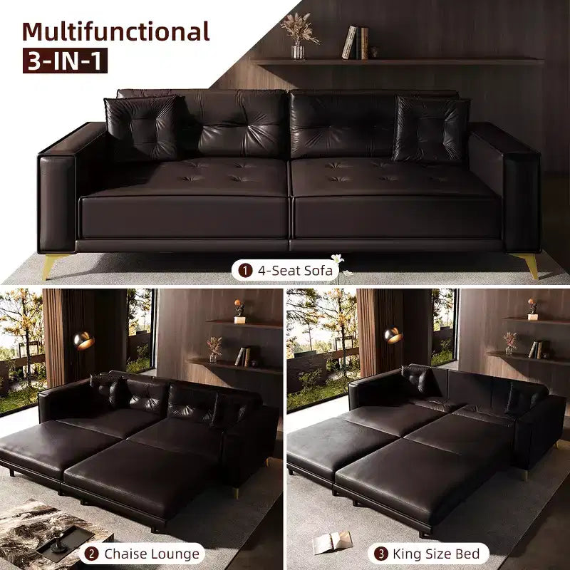Whisen 92.1King Size Pull Out Sleeper Sofa Bed, 3-In-1 Faux Leather Convertible Sofa Couch with 2 Pillows