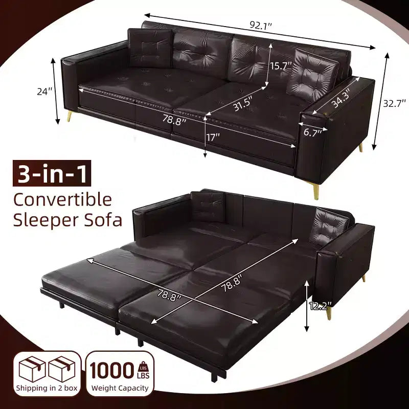 Whisen 92.1King Size Pull Out Sleeper Sofa Bed, 3-In-1 Faux Leather Convertible Sofa Couch with 2 Pillows