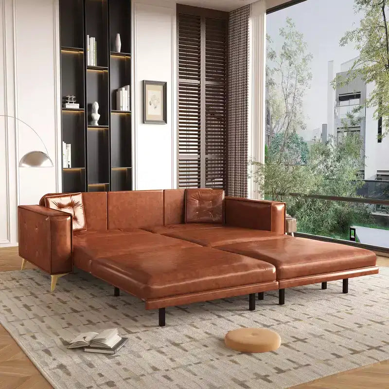 Whisen 92.1King Size Pull Out Sleeper Sofa Bed, 3-In-1 Faux Leather Convertible Sofa Couch with 2 Pillows
