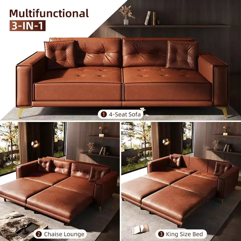 Whisen 92.1King Size Pull Out Sleeper Sofa Bed, 3-In-1 Faux Leather Convertible Sofa Couch with 2 Pillows