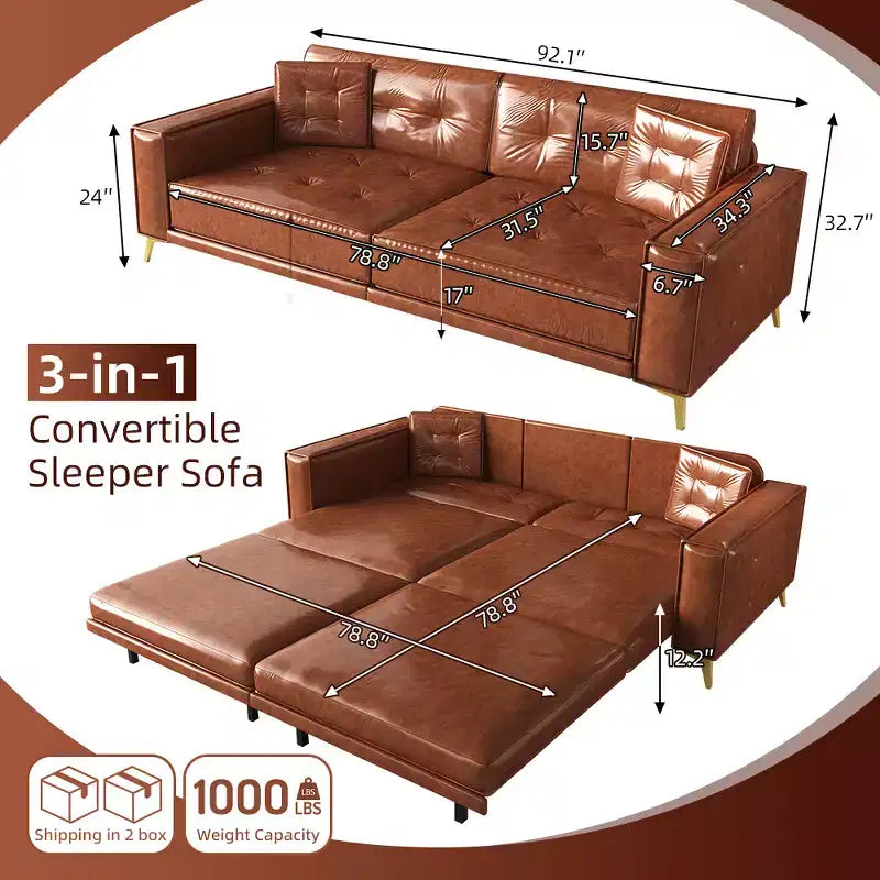 Whisen 92.1King Size Pull Out Sleeper Sofa Bed, 3-In-1 Faux Leather Convertible Sofa Couch with 2 Pillows