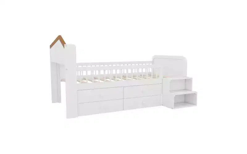 JVNOXK Low Loft Bed with LED Lights, Wooden Bunk Bed with House-Shaped Headboard, Children's Loft Bed with Storage Drawers, White