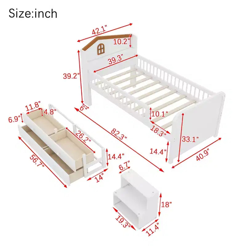 JVNOXK Low Loft Bed with LED Lights, Wooden Bunk Bed with House-Shaped Headboard, Children's Loft Bed with Storage Drawers, White