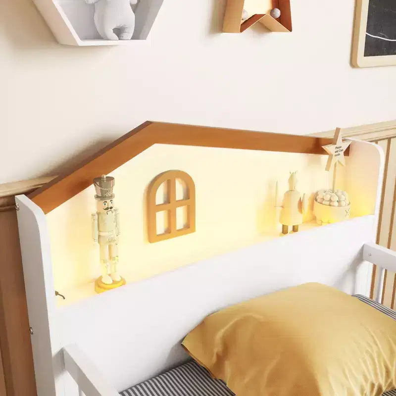 JVNOXK Low Loft Bed with LED Lights, Wooden Bunk Bed with House-Shaped Headboard, Children's Loft Bed with Storage Drawers, White