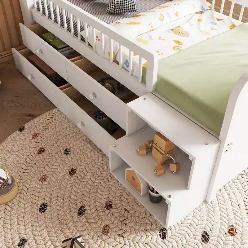 JVNOXK Low Loft Bed with LED Lights, Wooden Bunk Bed with House-Shaped Headboard, Children's Loft Bed with Storage Drawers, White