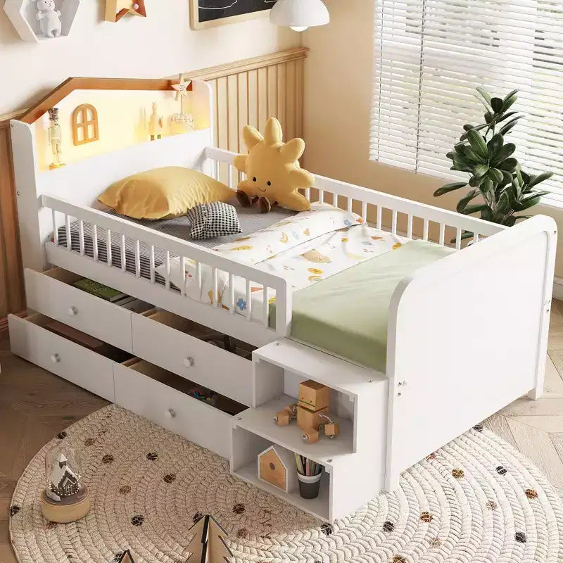 JVNOXK Low Loft Bed with LED Lights, Wooden Bunk Bed with House-Shaped Headboard, Children's Loft Bed with Storage Drawers, White