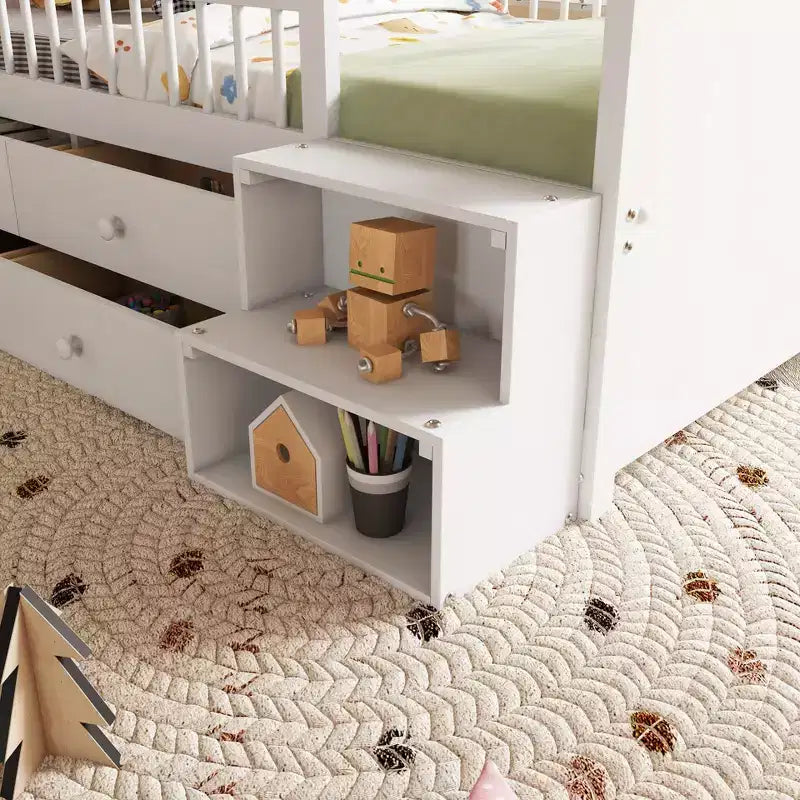 JVNOXK Low Loft Bed with LED Lights, Wooden Bunk Bed with House-Shaped Headboard, Children's Loft Bed with Storage Drawers, White