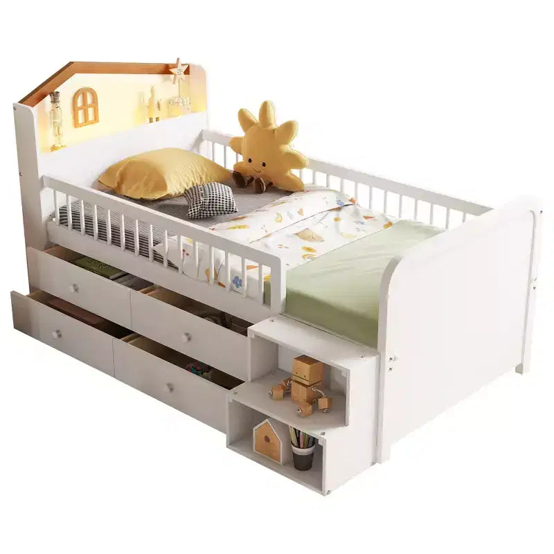 JVNOXK Low Loft Bed with LED Lights, Wooden Bunk Bed with House-Shaped Headboard, Children's Loft Bed with Storage Drawers, White
