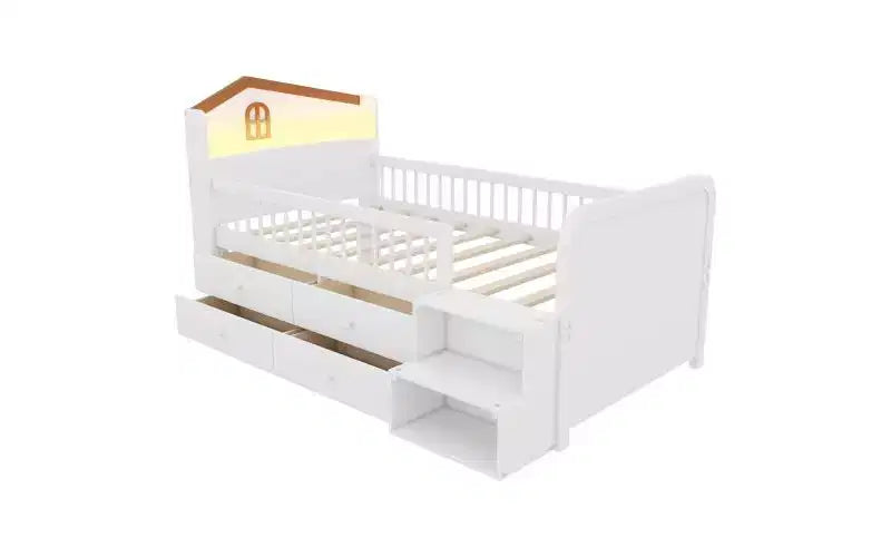 JVNOXK Low Loft Bed with LED Lights, Wooden Bunk Bed with House-Shaped Headboard, Children's Loft Bed with Storage Drawers, White