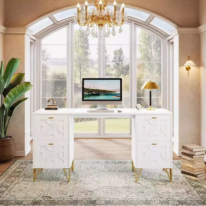Lantine 59-Inch White Desk with Drawers, Modern Office Desk Writing Table with Gold Legs and Storage for Bedroom, Workspace, Living Room